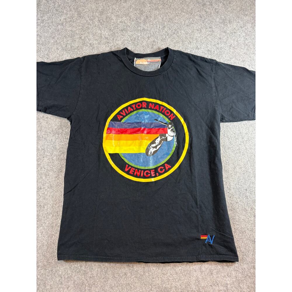 Aviator Nation Venice Ca Rainbow T Shirt Women Black Short Sleeve Graphic Tee XL